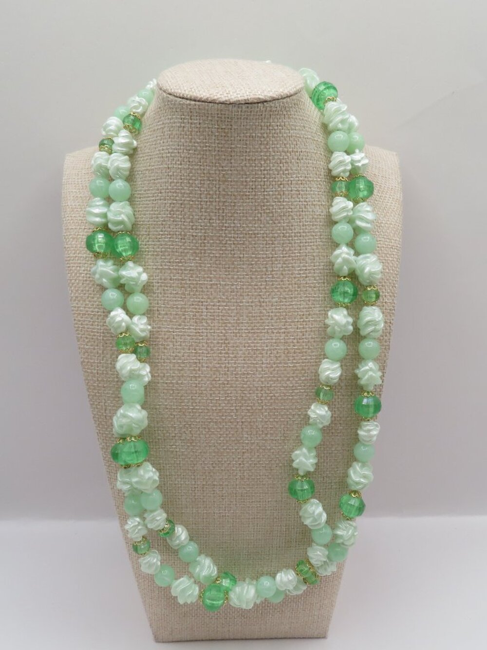 Vintage Mint Green Acrylic Gold Accent Caps Beaded Necklace